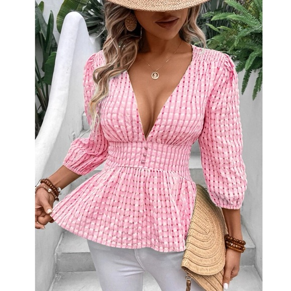 Pink Peplum Plunging Blouse - Picture 6 of 6